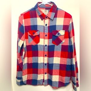 Vans Shirt Mens Small Red Blue Plaid Button Up Long Sleeve Skate Cotton Adult